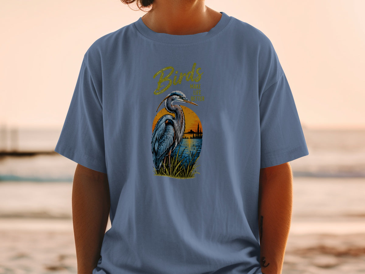 Blue t-shirt with graphic of heron and text "Birds Make Life Better".