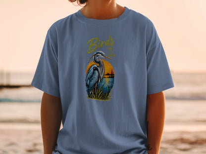 Blue t-shirt with graphic of heron and text "Birds Make Life Better".