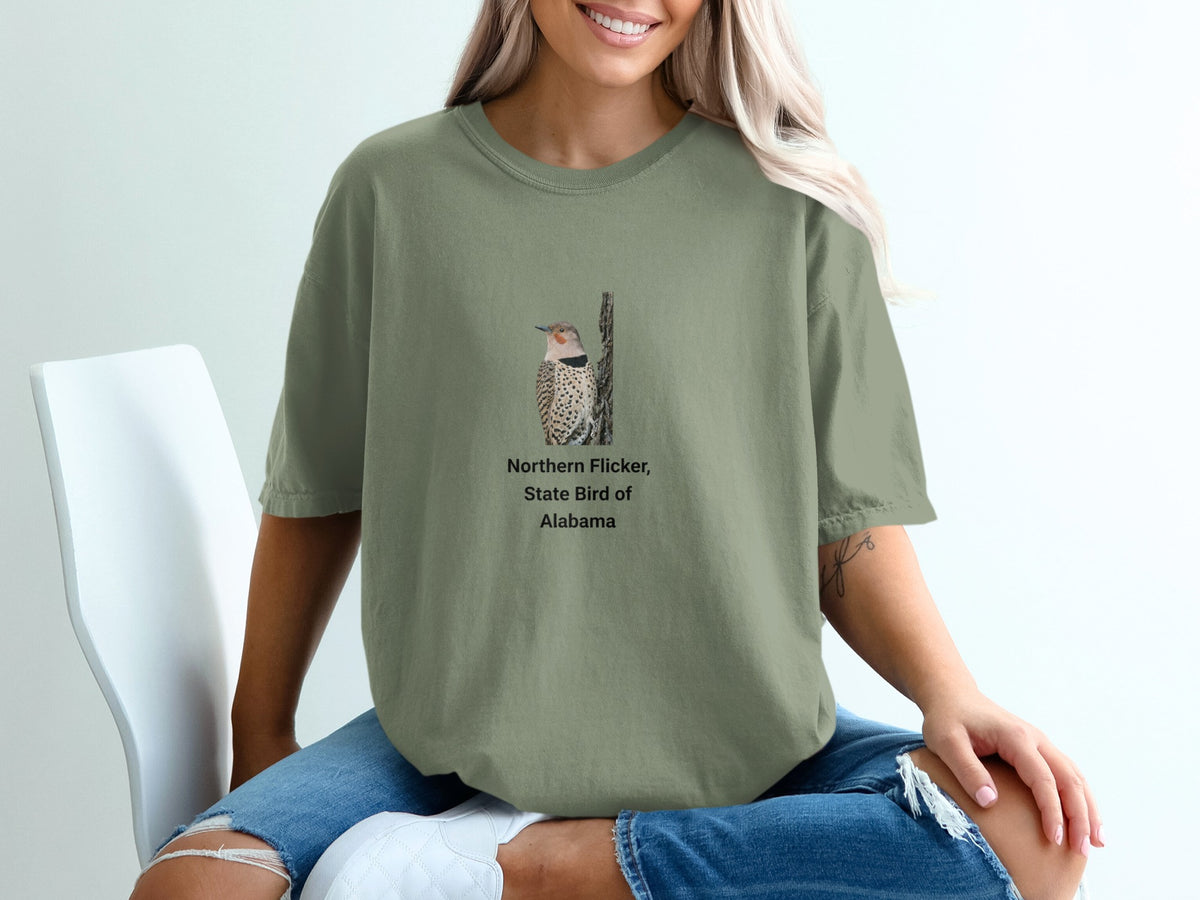 Olive green t-shirt with Northern Flicker, State Bird of Alabama graphic.