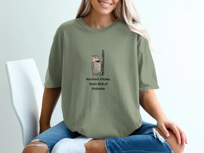 Olive green t-shirt with Northern Flicker, State Bird of Alabama graphic.
