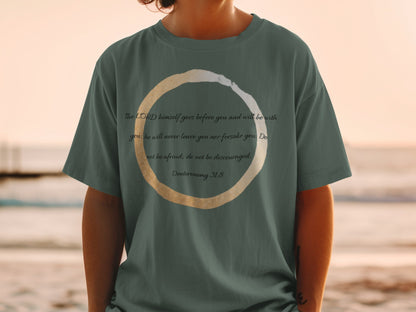 Green t-shirt with "The LORD himself goes before you" text and Deuteronomy 31:8.