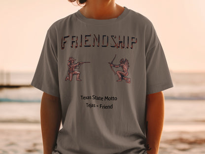 Grey t-shirt with "Friendship" text and graphics of a rifleman and archer.