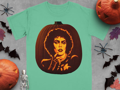 A mint green t-shirt featuring a large carved pumpkin graphic of Dr. Frank-N-Furter, surrounded by Halloween decorations.