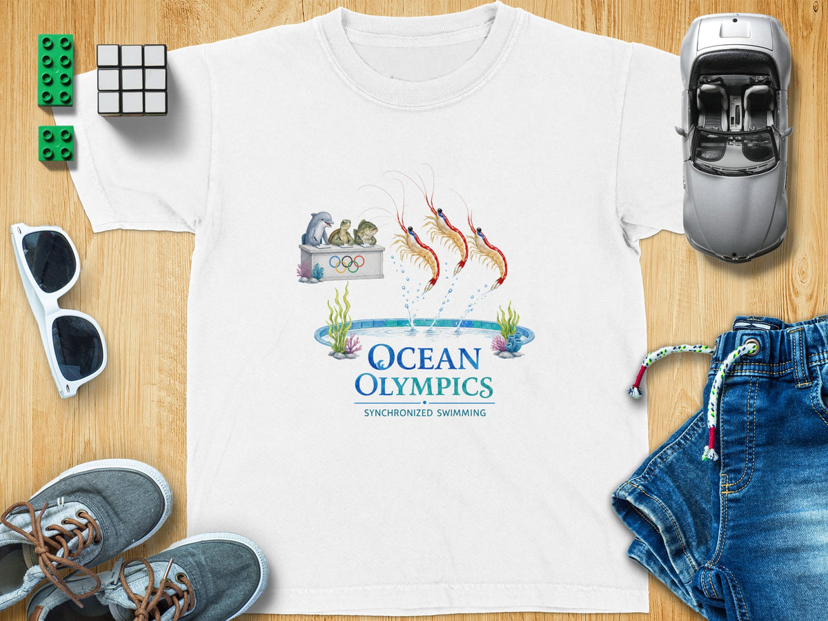 White t-shirt with "Ocean Olympics Synchronized Swimming" graphic featuring aquatic animals.