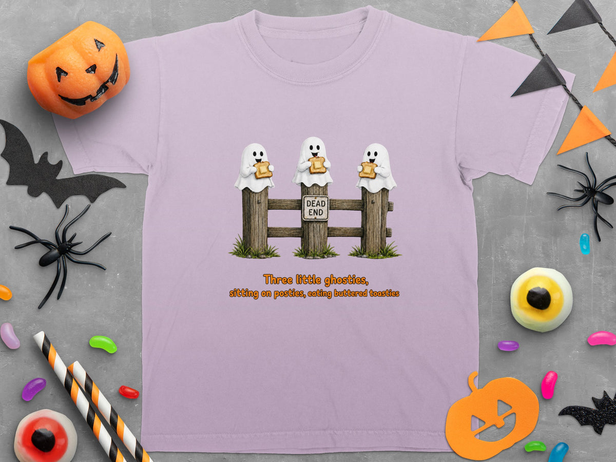 Three ghosts sit on a fence with a dead end sign eating toast.