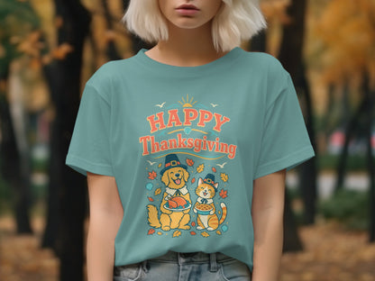 Happy Thanksgiving graphic with a dog holding a turkey and a cat holding pie.
