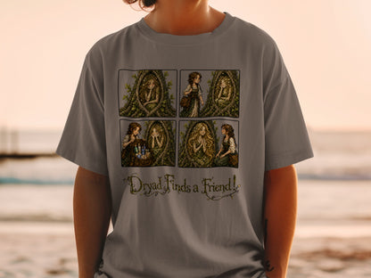 Four-panel comic showing a dryad in a tree and a woman, with text "Dryad Finds a Friend!".