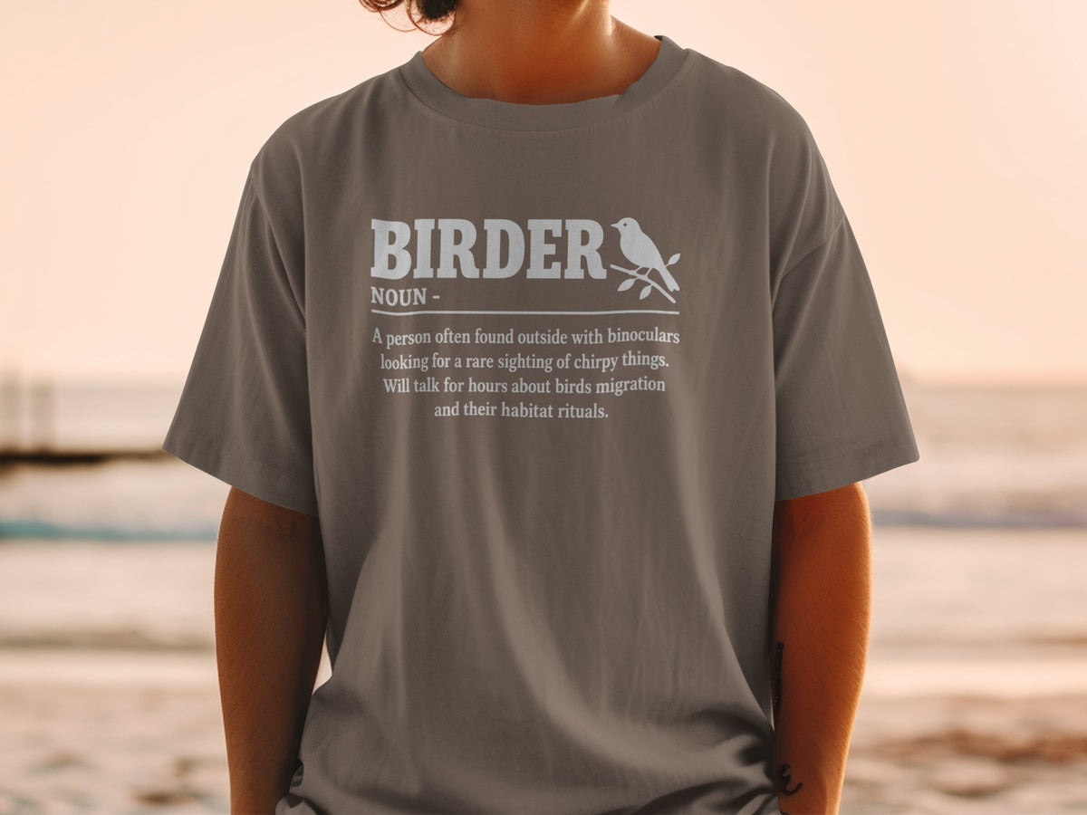 Grey t-shirt with white text defining "BIRDER" and an illustration of a bird.