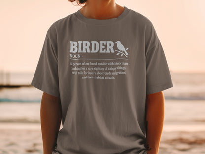 Grey t-shirt with white text defining "BIRDER" and an illustration of a bird.
