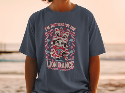 Panda wearing lion dance costume with text "I'M JUST HERE FOR THE LION DANCE."
