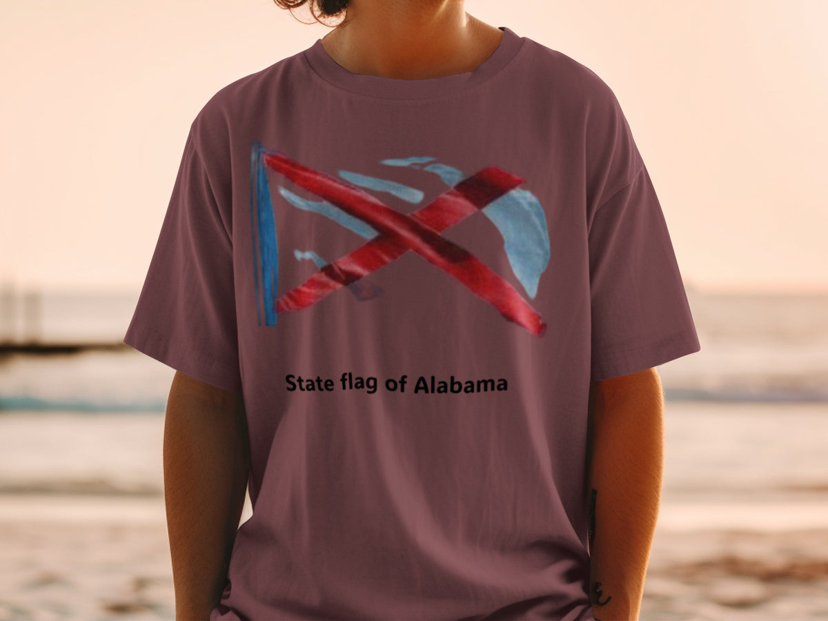 T-shirt with abstract Alabama state flag design and "State flag of Alabama" text.