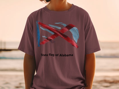 T-shirt with abstract Alabama state flag design and "State flag of Alabama" text.