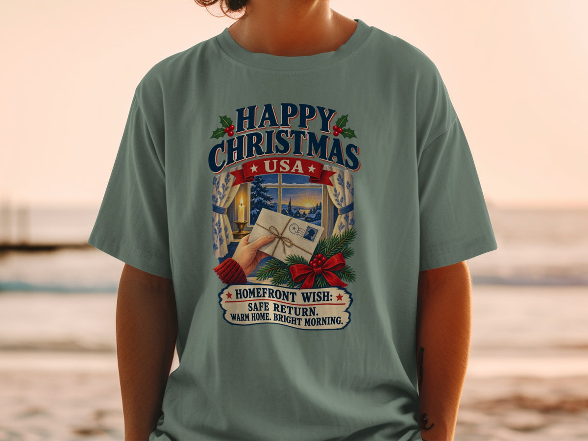 Shirt with "Happy Christmas USA" and "Homefront Wish" text, showing a letter and winter scene.