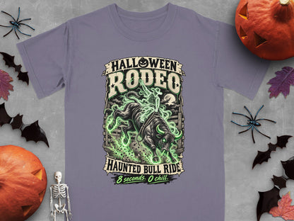 T-shirt with "Halloween Rodeo Haunted Bull Ride" text and spooky bull graphic.