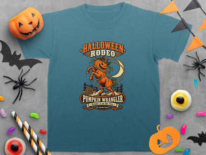 Blue t-shirt with "Halloween Rodeo Pumpkin Wrangler" graphic featuring a pumpkin horse.