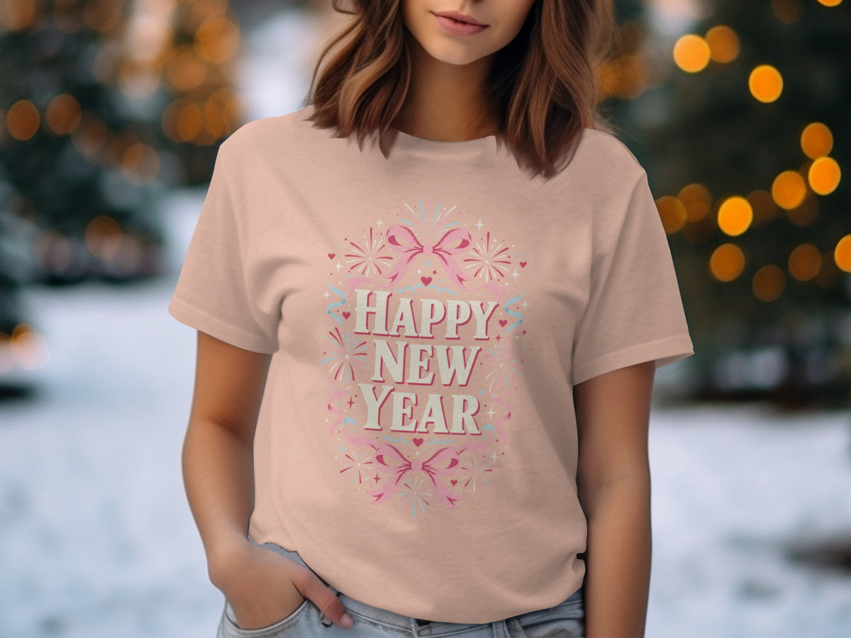Light pink t-shirt with "Happy New Year" text and fireworks design.