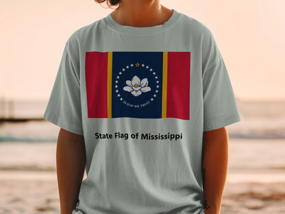 Light blue t-shirt featuring the Mississippi state flag and text "State Flag of Mississippi".