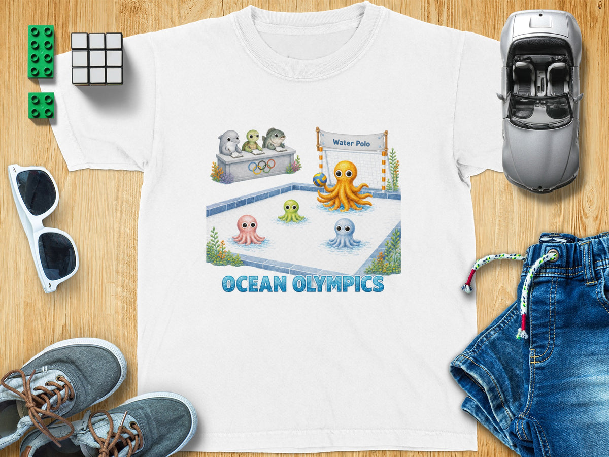 White t-shirt with "Ocean Olympics" graphic of octopuses playing water polo.