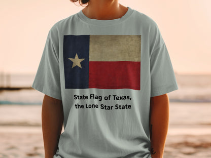 Light gray t-shirt featuring the Texas flag with text "State Flag of Texas, the Lone Star State."