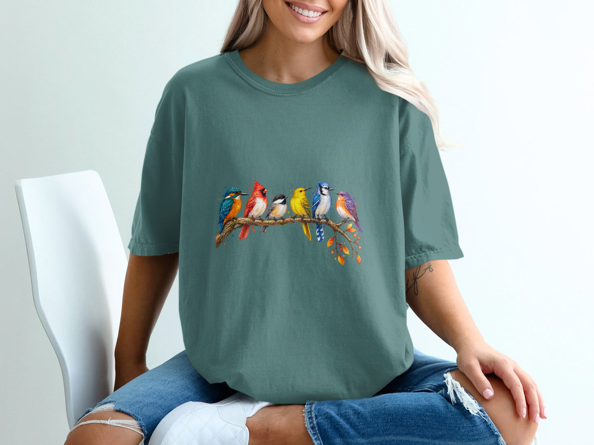 Seven colorful birds perched on a branch with autumn leaves design.