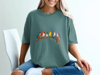 Seven colorful birds perched on a branch with autumn leaves design.