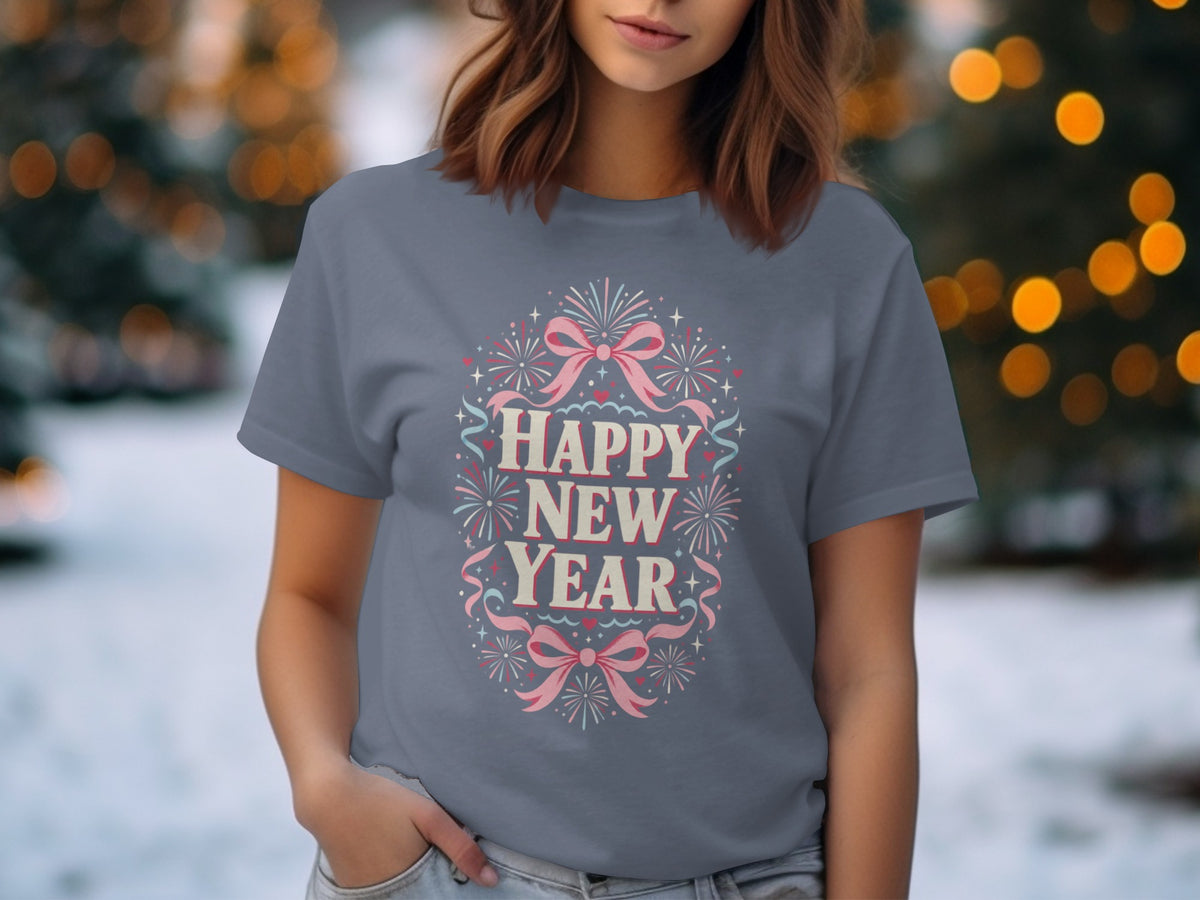Gray t-shirt with "Happy New Year" text and fireworks design.