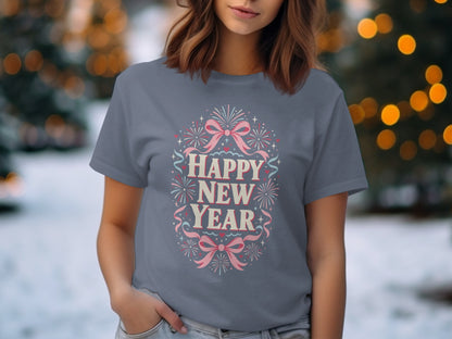 Gray t-shirt with "Happy New Year" text and fireworks design.