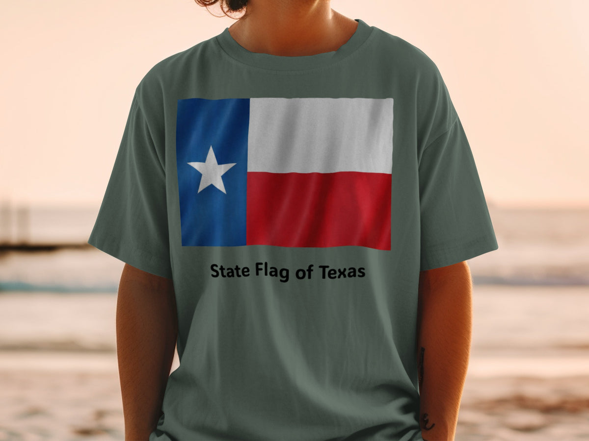 Green t-shirt with Texas flag design and "State Flag of Texas" text.