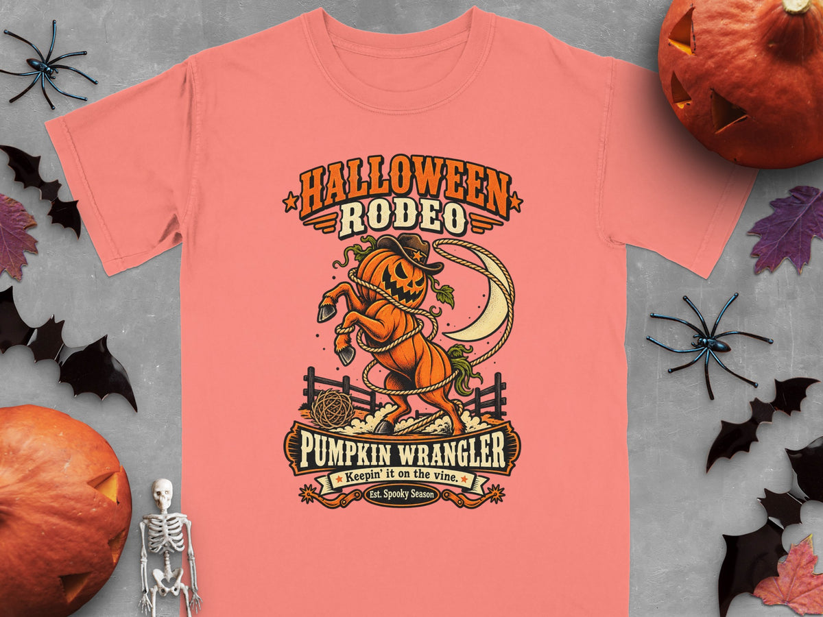 Halloween Rodeo t-shirt with pumpkin wrangler graphic and text.