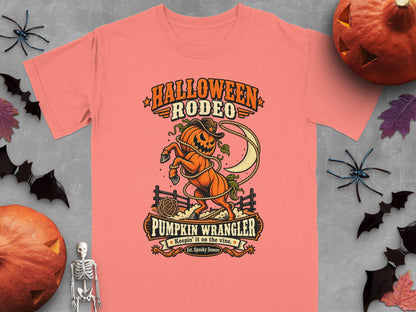 Halloween Rodeo t-shirt with pumpkin wrangler graphic and text.