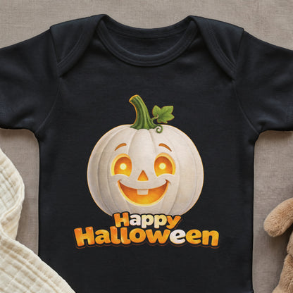 Black baby onesie with a smiling white pumpkin and "Happy Halloween" text.