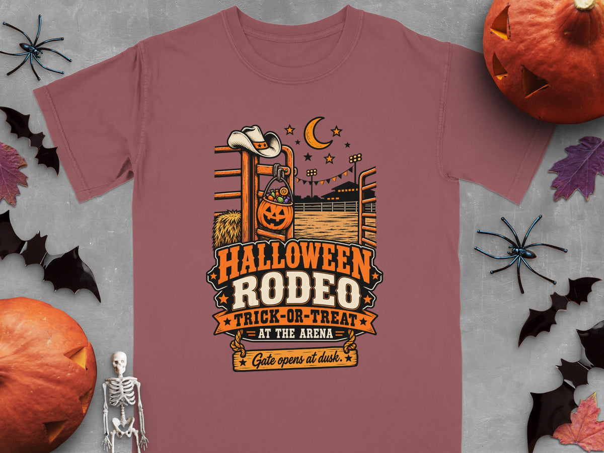 Halloween Rodeo Trick-or-Treat at the Arena t-shirt design with cowboy hat and candy pumpkin.