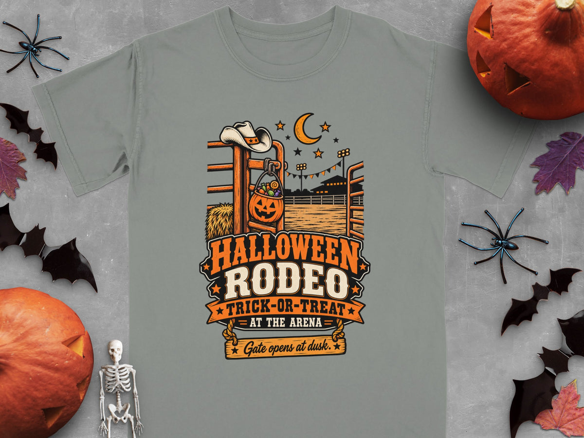 Gray t-shirt with "Halloween Rodeo Trick-or-Treat at the Arena" design.