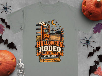 Gray t-shirt with "Halloween Rodeo Trick-or-Treat at the Arena" design.