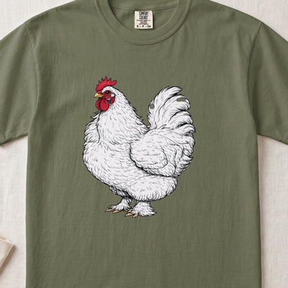 Olive green crewneck t-shirt featuring a detailed illustration of a fluffy white rooster with a red comb.