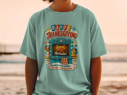 Happy Thanksgiving design with a turkey in an oven and kitchenware.
