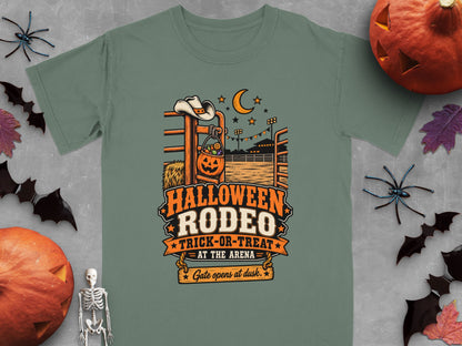 Halloween Rodeo Trick-or-Treat at the Arena shirt design with cowboy hat and pumpkin.