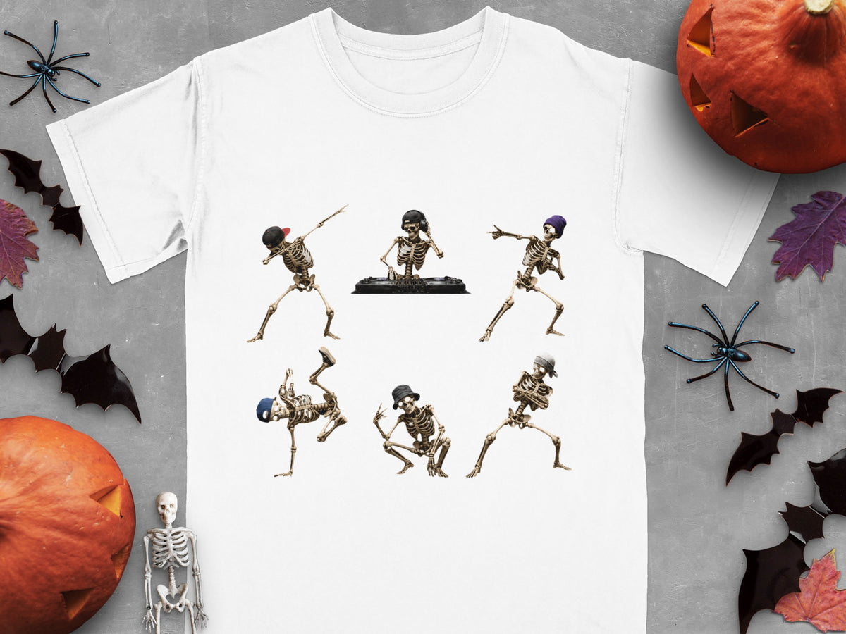 White t-shirt with six dancing skeletons in various poses and hats.