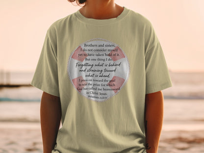 T-shirt with a life preserver graphic and Philippians 3:13-14 scripture.