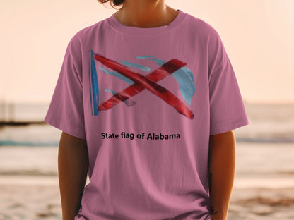 Pink t-shirt with stylized Alabama state flag and text "State flag of Alabama."