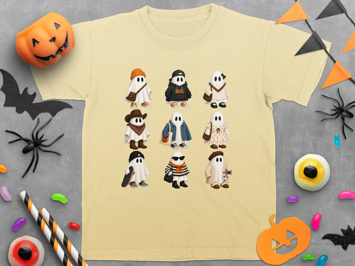 T-shirt with nine illustrated ghosts in various outfits and accessories.