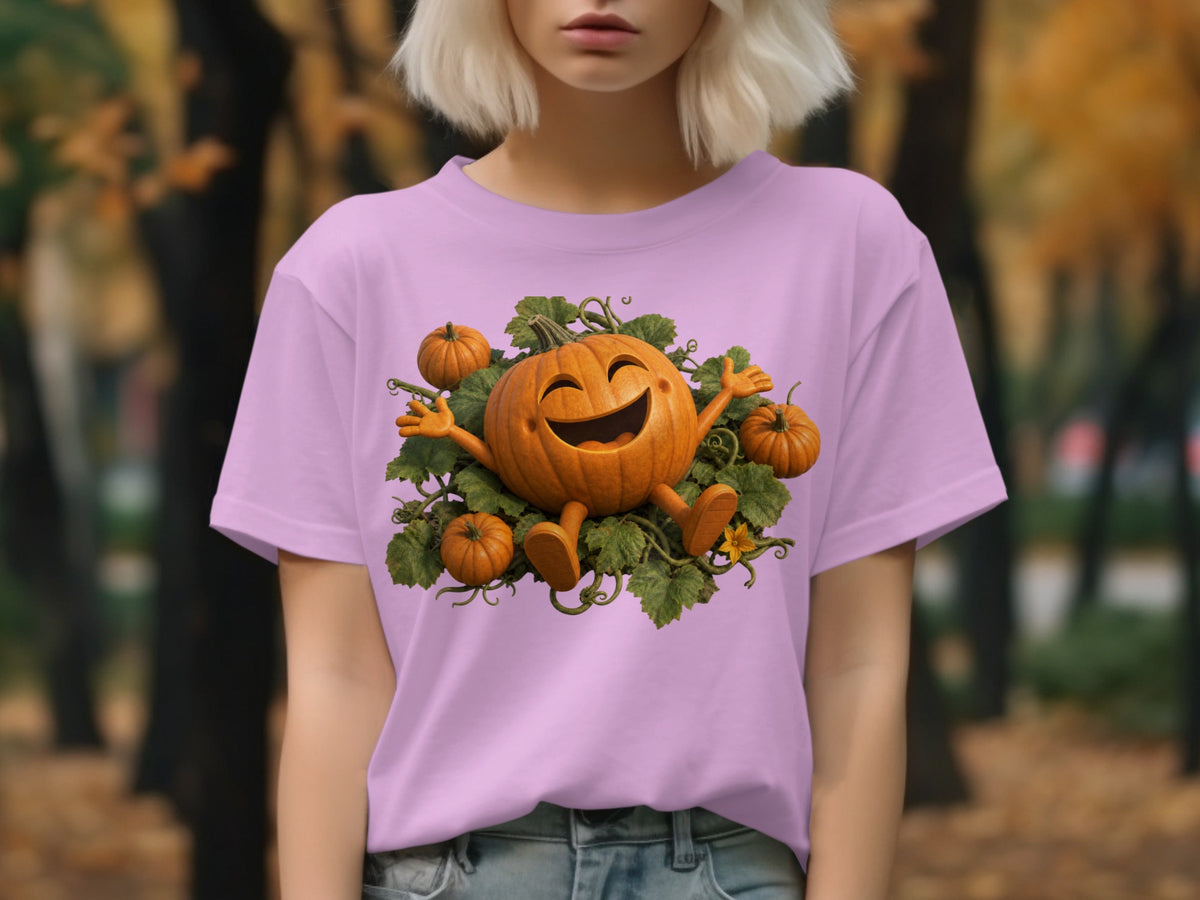 Pink t-shirt with happy pumpkin surrounded by vines and smaller pumpkins.