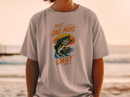 T-shirt with a jumping bass and text "JUST ONE MORE CAST".