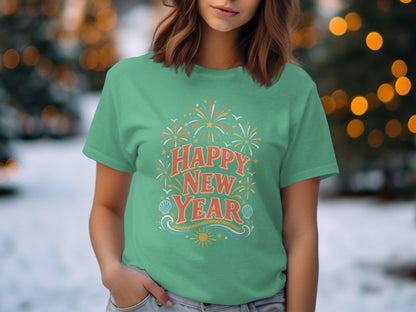 Green t-shirt with "Happy New Year" text and fireworks graphic.