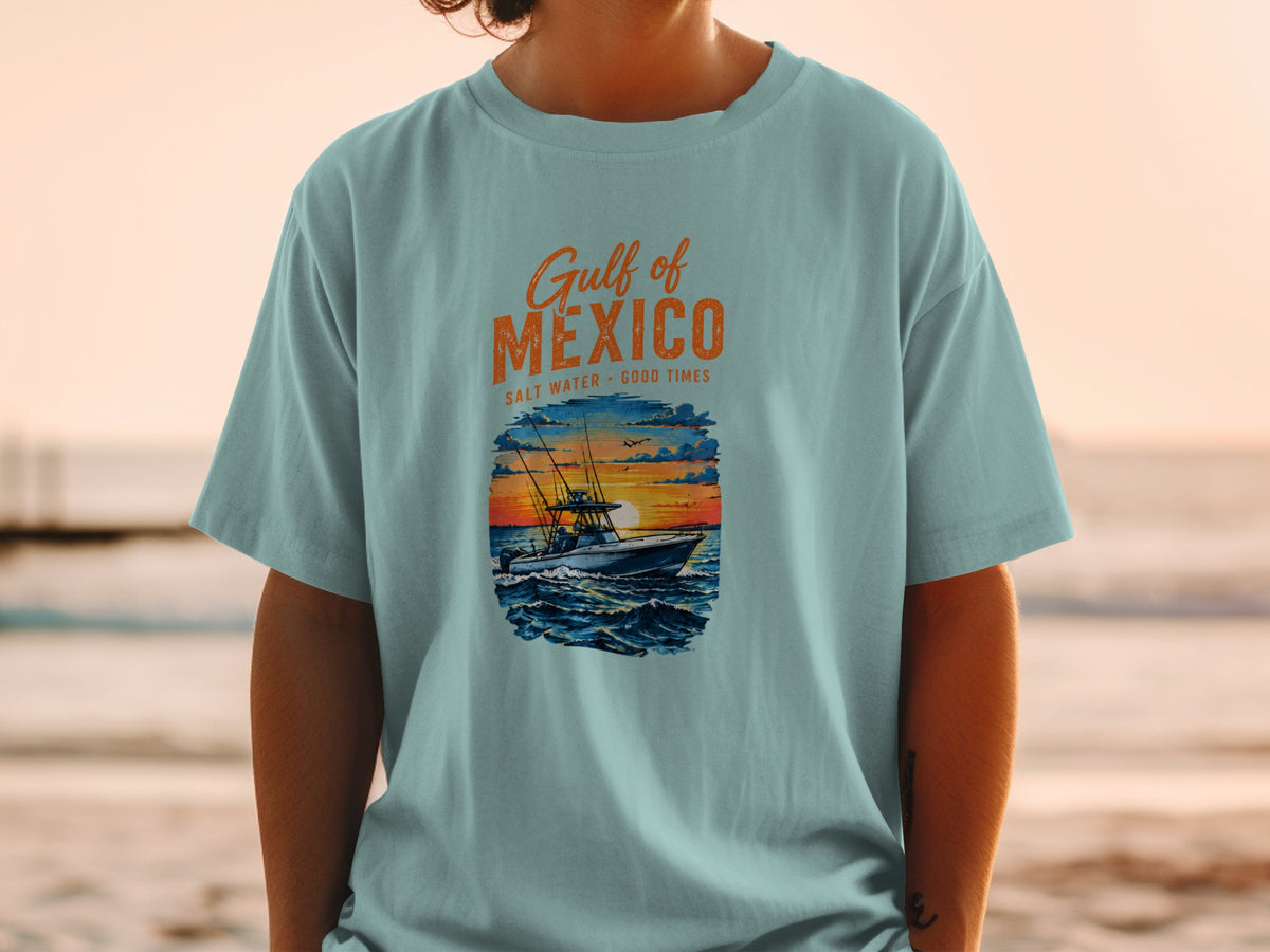 T-shirt graphic with "Gulf of Mexico Salt Water Good Times" and a fishing boat at sunset.