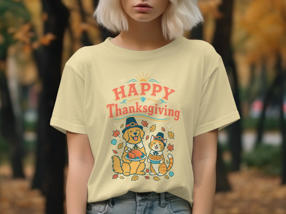 Yellow t-shirt with "Happy Thanksgiving" text featuring a dog and cat.