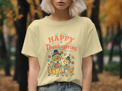 Yellow t-shirt with "Happy Thanksgiving" text featuring a dog and cat.