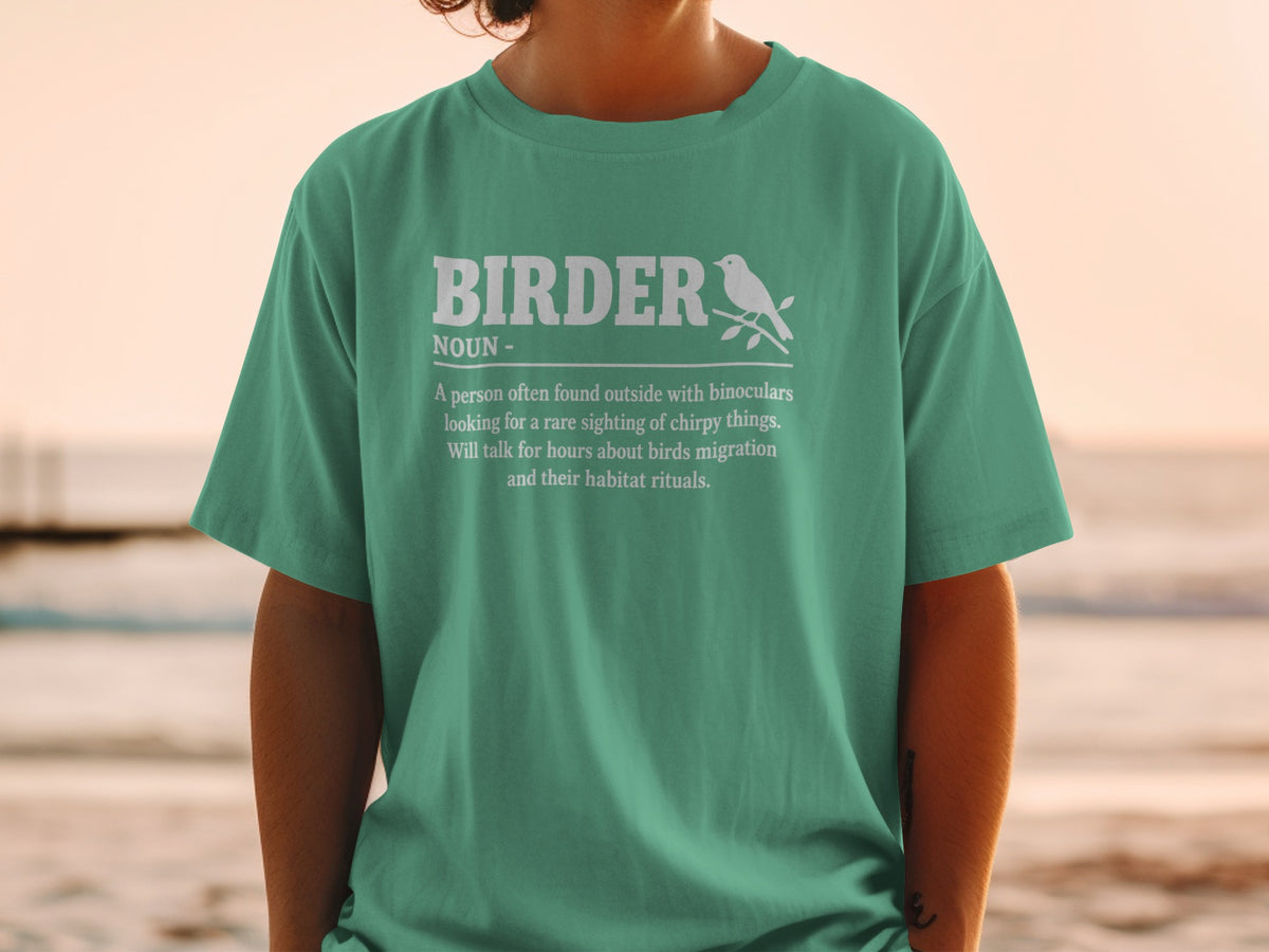Teal t-shirt with "Birder" definition and bird graphic.