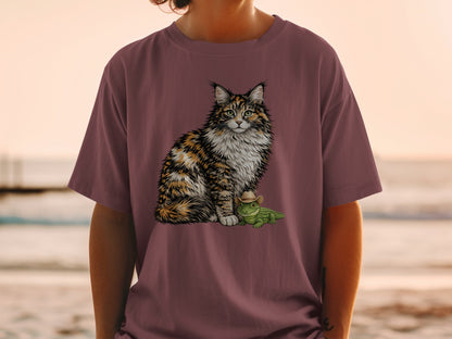A person wearing a plum-colored t-shirt printed with an illustration of a calico cat and a tiny alligator wearing a cowboy hat.