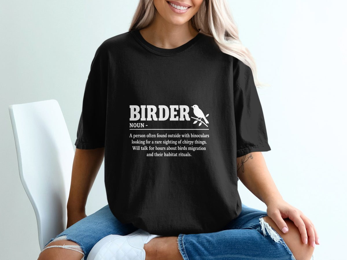 Black t-shirt with white text defining "Birder" and a bird on a branch.